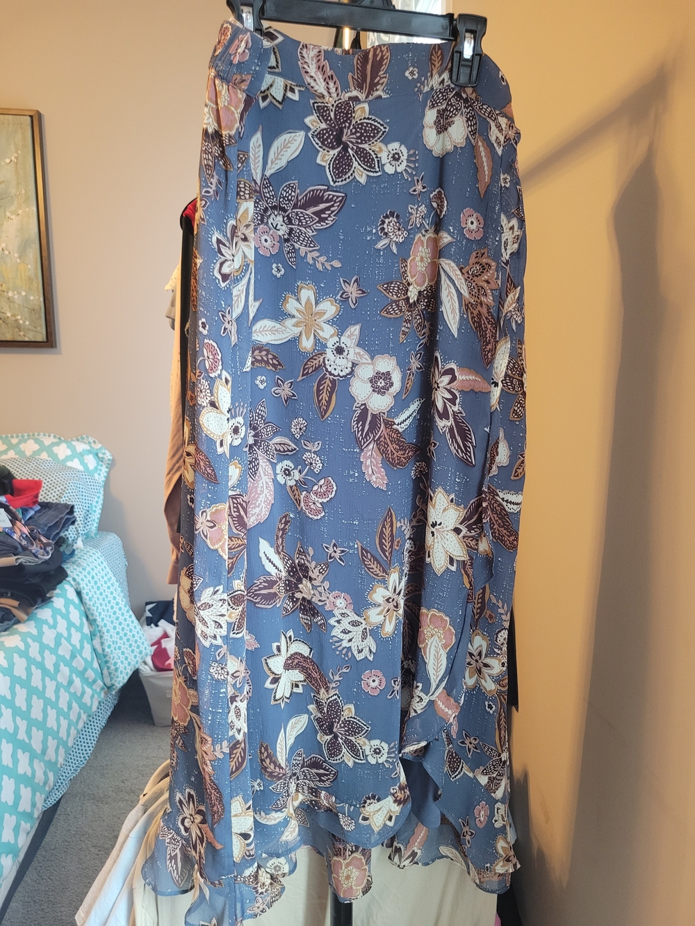 Floral Blue Maxi Skirt with Ruffled Hem